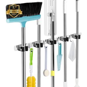 AceMining 5 Racks and 4 Hooks Mop and Broom Holder Wall Mount, Broom Organizer Storage Tool Racks Stainless Steel Heavy Duty Hooks Self Adhesive Solid Non-slip for Home Kitchen Garden Laundry Garage