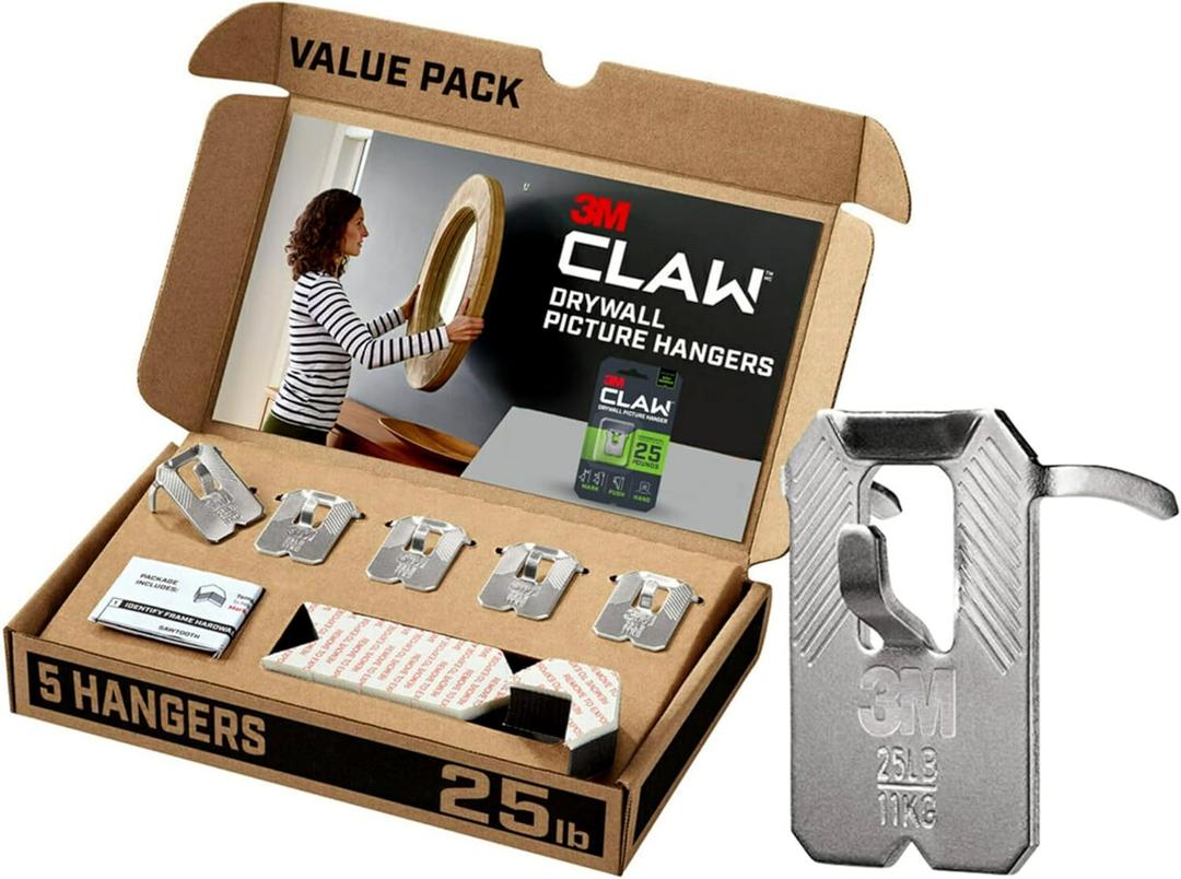 3M CLAW(TM) 25 lb. Drywall Picture Hanger With Spot Markers, Heavyweight Hanging Solution for Room Decor and Office Decor, Including Mirrors or Large Art  5 Pack