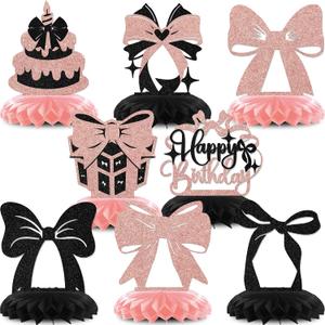 8PCS Pink and Black Birthday Decorations Bow Birthday Honeycomb Centerpieces Coquette Themed Birthday Wedding Anniversary Party Decor Sign