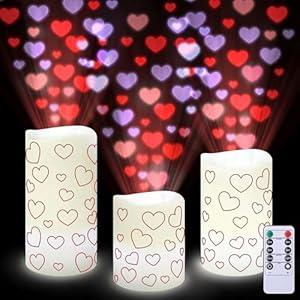 Baquler 3 Pcs Valentine Flameless Candles Projector with Remote Timer - Heart Projector Lights LED Candles Battery Operated for Indoor Valentines Day Romantic Home Decor Gifts