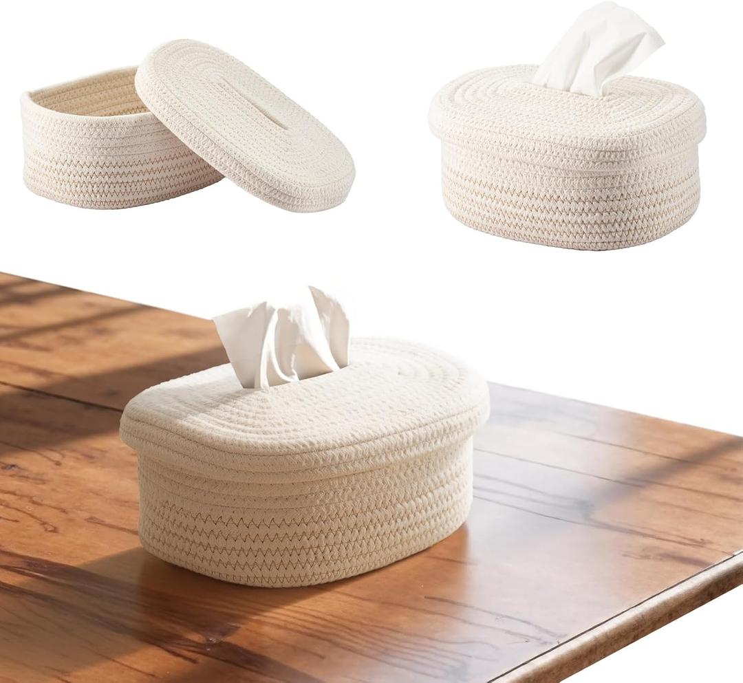 Fabric Tissue Box Cover with Lid  Rectangular White Woven Tissue Holder for Home, Minimalist Decorative Tissue Case for Bathroom, Living Room, Bedroom