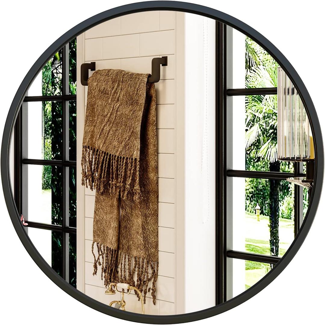 Growsun 30'' Black Round Mirror, Circle Wall Mirror for Bathroom Vanity, Entryway Living Room with Metal Frame for Home Decor