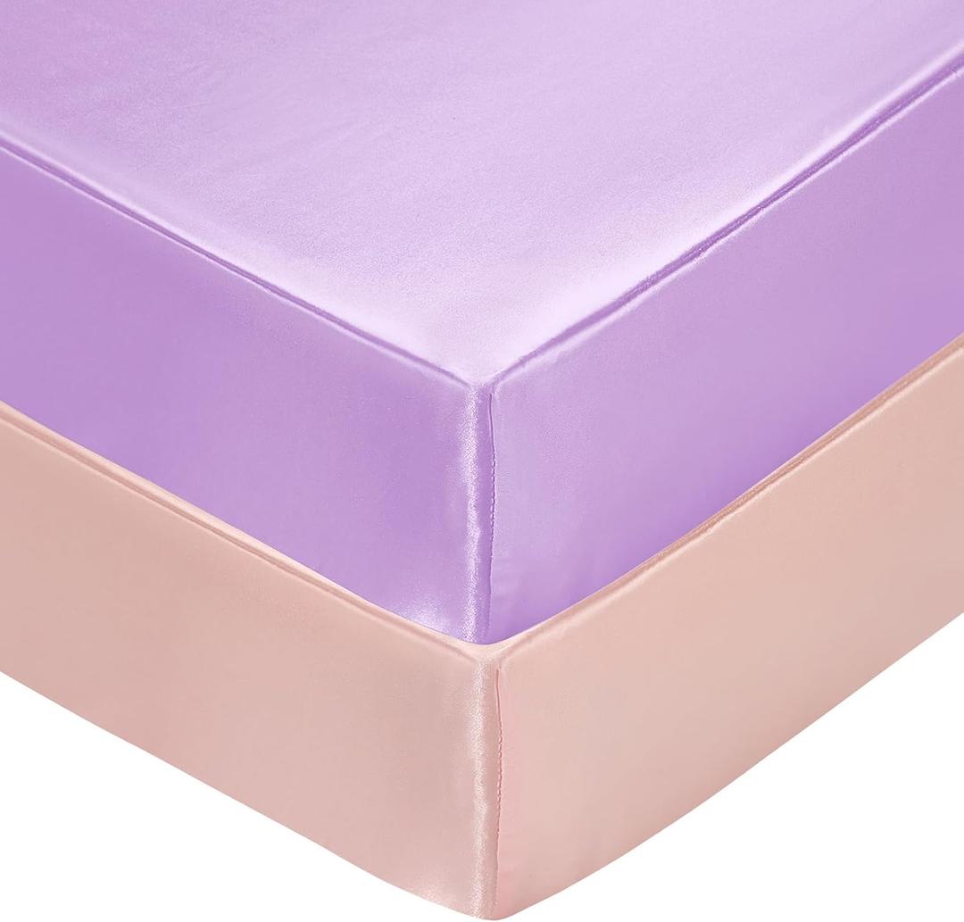 SiinvdaBZX 2 Pcs Satin Mini Crib Sheets 38 x 24In, Silky Soft Mini Portable Crib Sheets Mattress Cover Portable Playard Sheets with 5In Deep Pocket, Great for Baby Hair (Pink & Lavender)