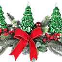 Christmas Table Centerpiece with LED Lights, Green Xmas Tree Decoration, Red Berry, Christmas Balls for Holiday Party, Home, Fireplace