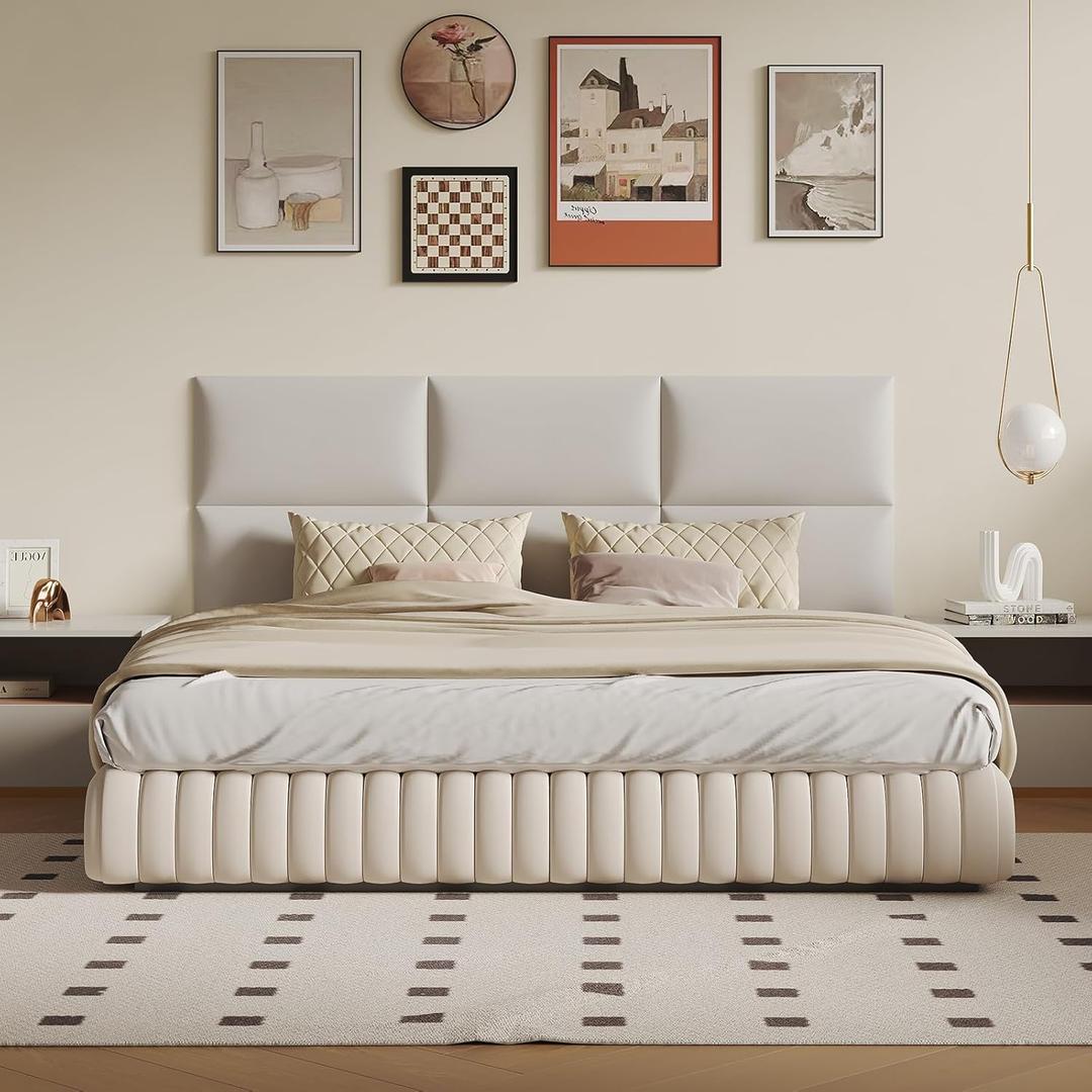 9-Piece Floating Headboard Kit - White Peel and Stick Wall Mount Headboard for Queen Size Bed, Upholstered Bed Backboard, 24" x 12" Panels, Artificial Leather