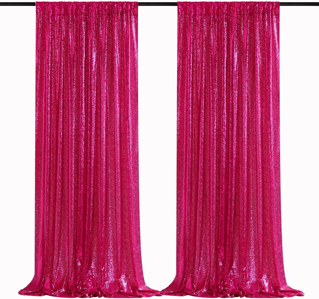B-COOL Fuchsia Sequin Backdrop Curtains Hot Pink Glitter Backdrop 2 Panels 2ftx8ft Girls Party Backdrop Fabric for Sweetheart Birthday Wedding Party Decorations