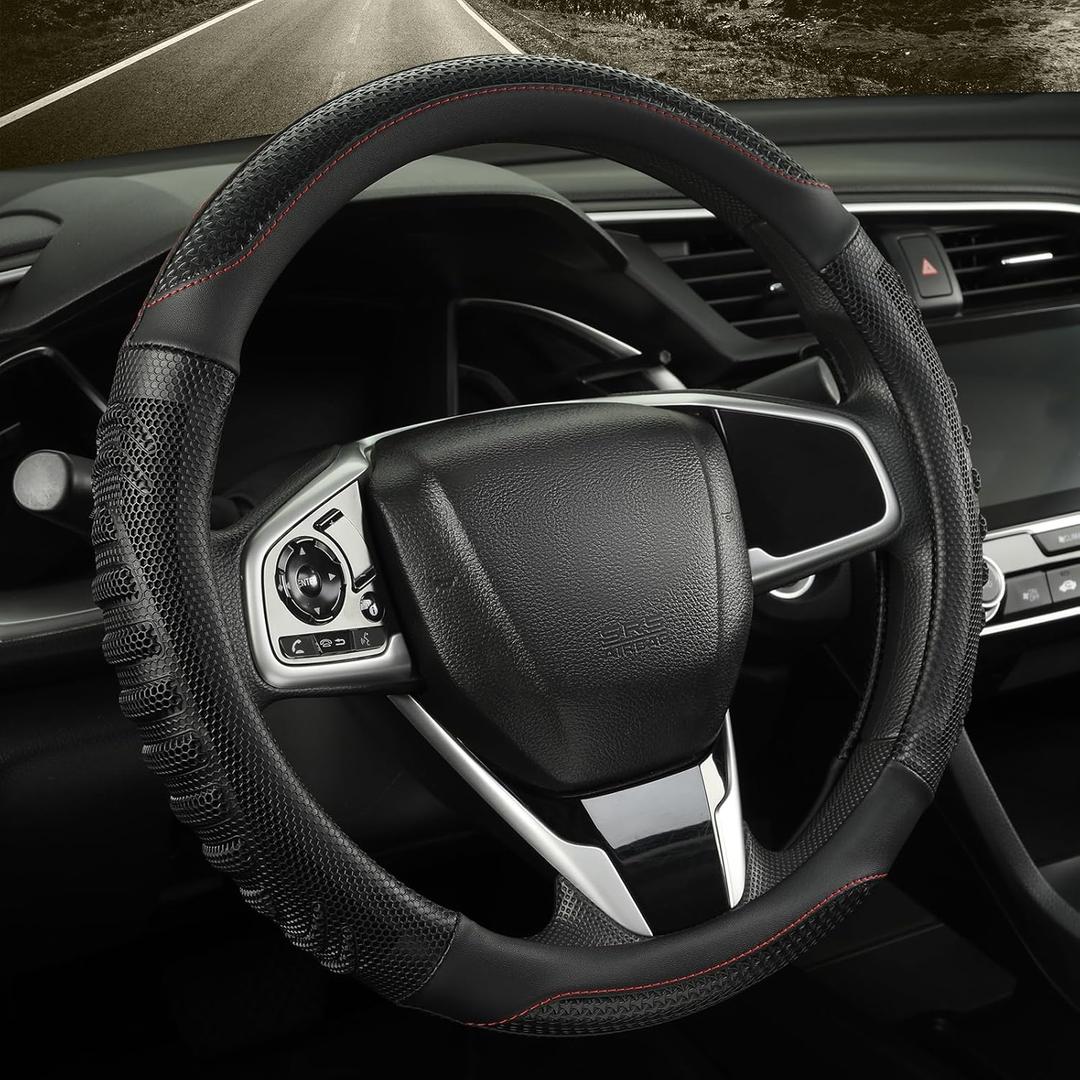 14 inch Steering Wheel Cover Great Grip with 3D Honeycomb Hole, Anti-Slip Sporty Design, Small 13.5-14 inch(All Black)