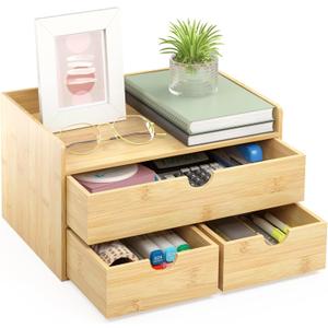 Wisuce Bamboo Desk Organizer - Mini Bamboo Desk Drawer Tabletop Cosmetic Storage Organization for Office or Home (Nature 3 Drawers)