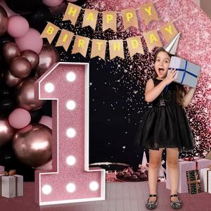 Marquee Numbers Pink 1st-Birthday Decorations: Large 3ft Light Up Number Rose Gold First Birthday Decoration for Boy Girl One Year Old Birthday Decor Party Backdrop Anniversary Big Mosaic Number 1