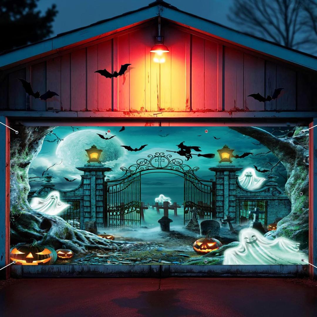 7x16ft Halloween Garage Door Cover,Halloween Garage Door Decorations Horror Graveyard Scene Spooky Pumpkin Full Moon Garage Door Banner Decorations Photo Studio Props