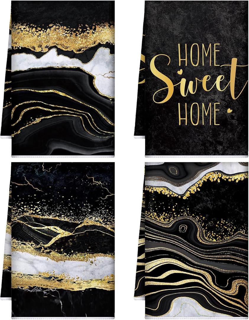 Geyoga 4 Pcs Christmas Marble Kitchen Towels Black and Gold Hand Dish Towels Absorbent Marble Tea Washcloths for Christmas Xmas Winter Bathroom Decor Kitchen Accessories Gifts