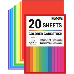 2 x Koogel 20PCS Colored Paper, Including 10 Sheets 50lb/120gsm Construction paper & 10 Sheets 90lb/250gsm Assorted Color Cardstock, for DIY Crafts, School Teaching Supplies