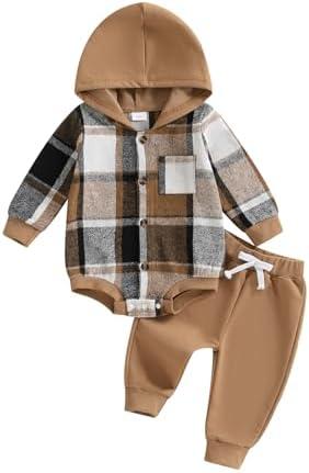 Douhoow Infant Baby Fall Clothes Boy Girl Plaid Hoodie Sweatshirt Romper Flannel Tops+ Sweatpants Festival Outfits, Size 0-6 month