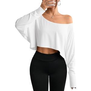 Hilinker Womens Off Shoulder Long Sleeve Crop Tops Sexy Boat Neck Loose Casual T Shirt (Small)