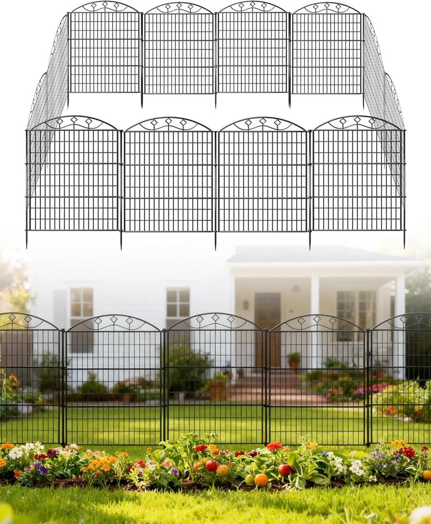 10 Panels 33in H x 29in L Garden Fence, 24ft L Black Metal No Dig Fence Temporary Animal Barrier for Dogs & Rabbits, Reusable Outdoor Yard Fencing