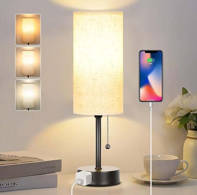 Bedside Table Lamp for Bedroom, 3Color Small Lamps with Pull Chain, Bedroom Table Lamps for Night stands,Desk Reading Light AC Outlet Nightstand Lamp for Living Room Decor/Dorm/Office Bulb Included