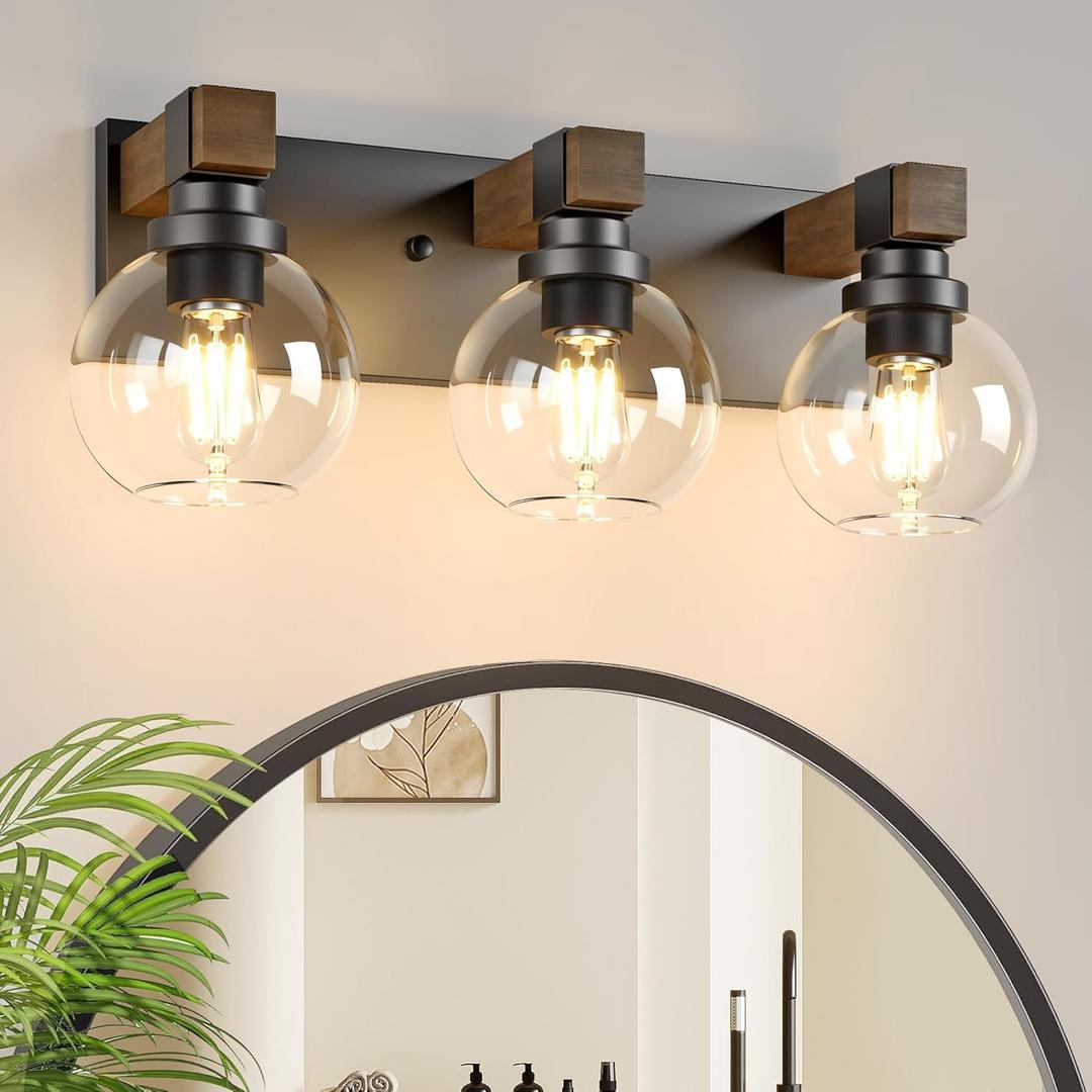 Farmhouse Bathroom Vanity Light Fixtures, 3-Light Wood Bathroom Light Fixtures Over Mirror, Rustic Vanity Lighting with Glass Shade for Living Room, Bedroom, Hallway (Black)