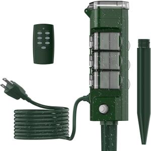 TESSAN Outdoor Power Stake Light Timer Waterproof, Wireless Remote Control, Yard Stake Countdown Timer2, 4, 6, 8 Hour, 6 Outlets, Dusk to Dawn for Lights and Garden Courtyard Decoration