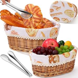 Qinyoung 2 Sets Wicker Bread Basket for Serving Set 11 and 12 Inch Sourdough Proofing Woven Bread Baskets with Removable Liner and Tong Fruit Storage Container for Easter Spring Party(Food Style)