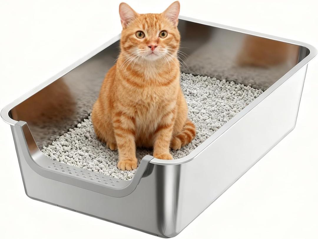 Stainless Steel Litter Box,Extra Large Metal Cat Litter Box with High Sides for Indoor Big Cats,Jumbo XL Washable Kitty Litter Boxes with Low Entry for Kittens&Senior Cats,Non Stick (Short-Side Entry)