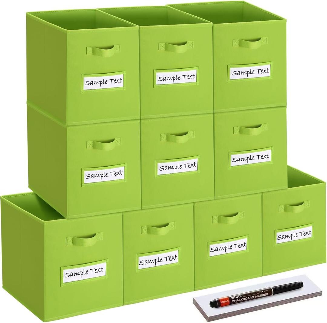 Artsdi 13x13 storage cube bins (Set of 10) Foldable Fabric storage cubes with 10 Labels Window Cards & a Pen,13 inch cube storage bins,Closet Organizers for Shelves,Cubby Organizer Boxes, Lime Green