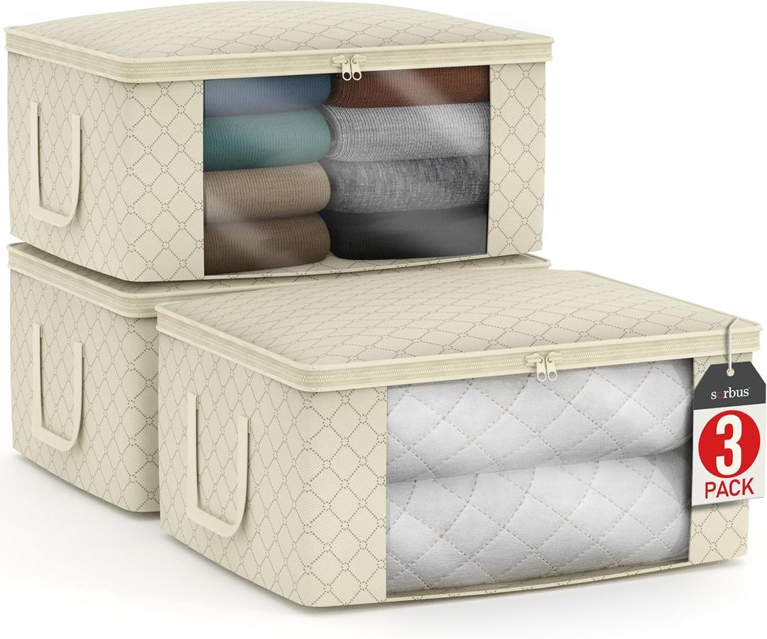 Sorbus Medium Clothes Storage Bags - Foldable Blanket Storage Bins for Organizing Bedroom, Closet, Clothing, Comforter, Organization with Clear Window, Lids and Carry Handles - Set of 3 (3 Pack Large, Beige)