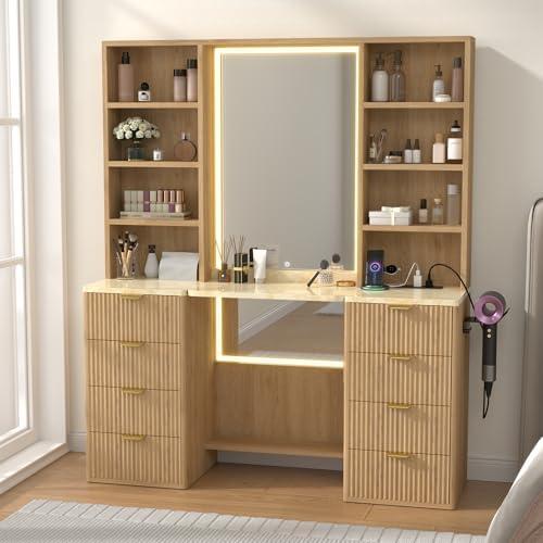 NKUGCFC 47.2” Fluted Makeup Vanity Desk with 38” Mirror and Lights, Modern Tall Vanity Table with Detachable Top, 8 Drawers & Shelves Storage, Dressing Table Built-in Power Outlet for Bedroom
