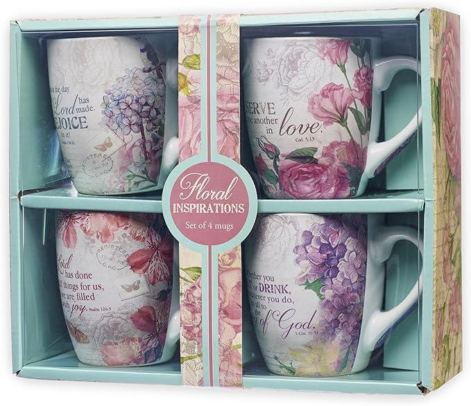 Christian Art Gifts Ceramic Coffee/Tea Mug Set for Women | Vintage Botanic Floral Inspirations Design Bible Verse Mug Set | Boxed Set/4 Coffee Cups