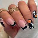 Halloween Press on Nails Medium Square French Tip Fake Nails Black Full Cover Ghost Pumpkin False Nails with Designs Matte Glue on Nails Artificial Acrylic Nails for Women Girls 24Pcs