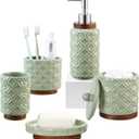 Bathroom Accessories Set 5 Pieces Toothbrush Holder Soap Dispenser Ceramic Bathroom Accessory Set Contain Cotton Swab Jar Toothbrush Cup Soap Dish Tumbler Green