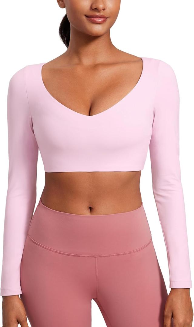 CRZ YOGA Butterluxe Double Lined Long Sleeve Yoga Shirts for Women V Neck Cropped Casual T-Shirt Tight Crop Fitted Tops (Medium, Pink Peony)