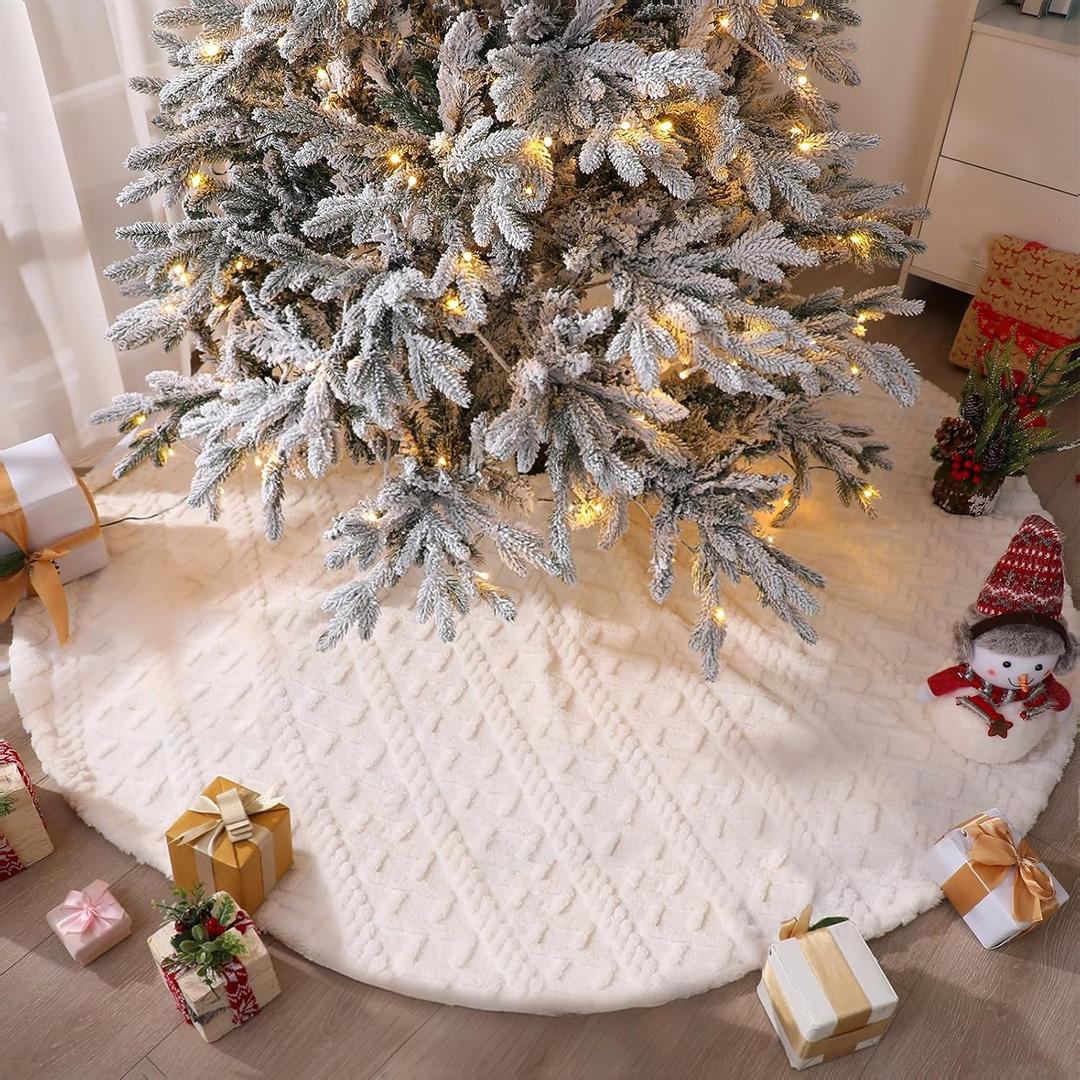 Kinlop 72 Inch Faux Fur Christmas Tree Skirt White Crossed Diamond Textured Pattern Tree Skirt Vintage Merry Christmas Party Favors Rustic Holiday Decor Merry Xmas Party Gifts