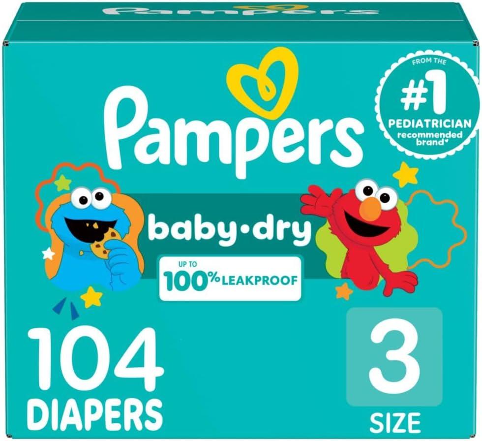 Pampers Diapers - Baby Dry - Size 3, 104 Count, Absorbent Disposable Infant Diaper (Packaging May Vary)