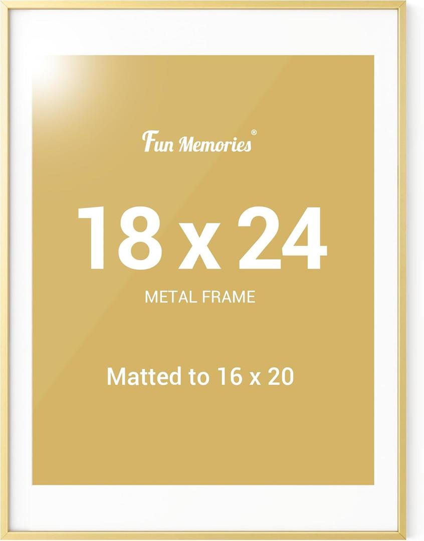 Fun Memories 18x24 Aluminum Poster Frame, 18x24 Gold Frame with Mat for 16x20 Photo with Plexiglass - Vertical and Horizontal Display - Wall Hook Hanging Hardware Included -Set of 1