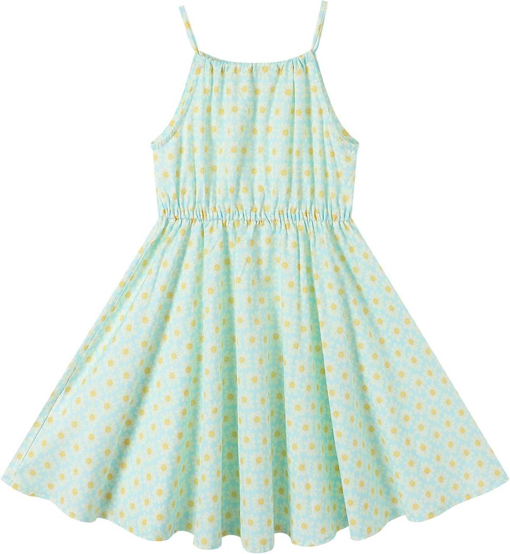 Girls Summer Hawaiian Dress Floral Halter Neck Cold Shoulder Sleeveless Beach Sundress 1-12 Years (Blue)