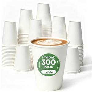 Finepak 12 oz Disposable Coffee Cups 300 Pack, BPA Free Leak Proof White Paper Coffee Cups 12 oz, 300GSM Thickened Unbleached Cups for Hot & Cold Drinks, Home Office Parties