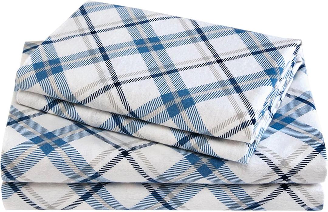 Comfort Spaces Cotton Flannel Sheets Queen Size, Ultra Soft Flannel Sheet Set with 14" Elastic Pocket , Plaid Print Warm Flannel Bedding, Blue Plaid 4 Piece