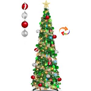 Dual Color Switch&Timer 5 Ft Gold Pop Up Christmas Tree with 50 Warm White&Color Lights 8 Modes, Tinsel Pencil Collapsible Xmas Tree, Easy Assembly, Balls 3D Star Sequins, Home Party Apartment Decor