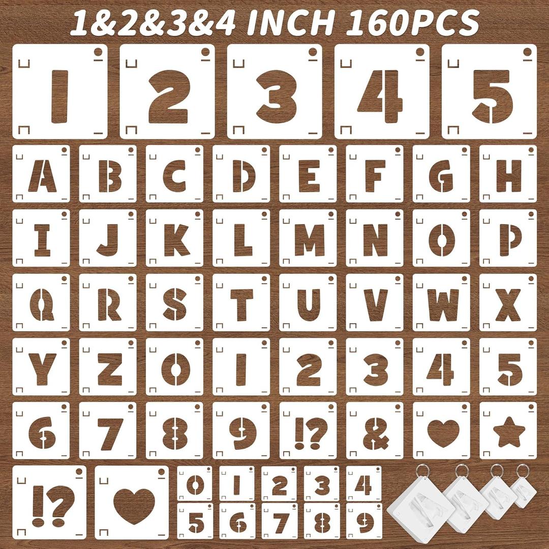 160Pcs Letter Stencils 4Sizes,1&2&3&4Inch Letter and Number Stencils for Painting Plastic Numbers Symbols Stencil Reusable,Alphabet Interlocking Drawing on Wood,Wall,Fabric,Rock,DIY Art Craft Project