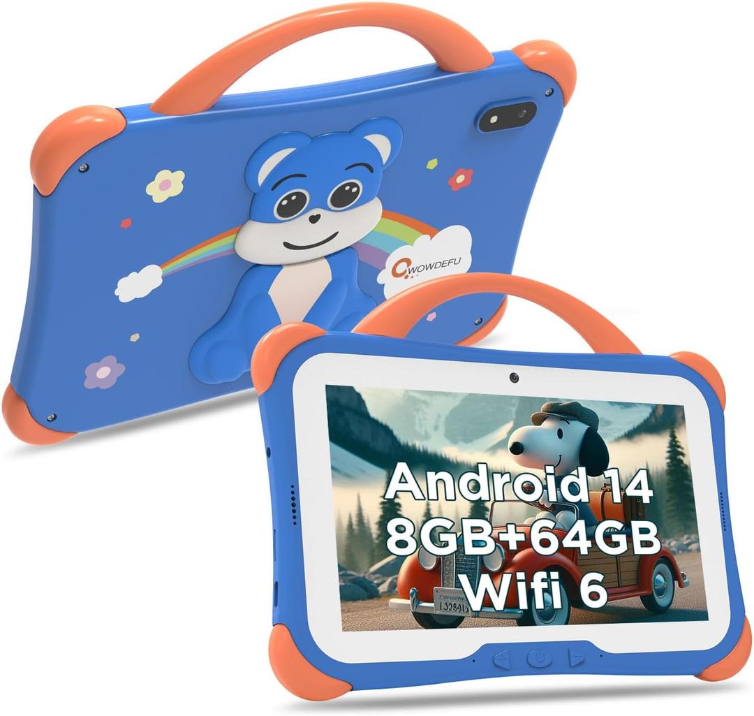 CWOWDEFU Kids Tablet 7 inch Pro,8GB+64GB,Toddler Learning Tablet for Kids with Case,Android 14,4000mAh/Parental Control/Dual Camera,FM/GPS/OTG/Great Gift for Children(Blue)