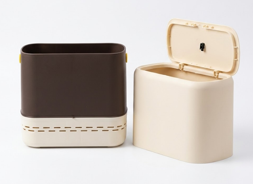 Sooyee Slim Bathroom Trash Can, 3.3 Gallon Trash Can with PressTop Lid, Adsorption Garbage Can, Slim Wastebasket for Toilet, Office, Bedroom, Beige