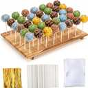 48 Holes Wood Cake Pop Stand, 16.5 x 12 x 1 Inch Wooden Cake Pop Display Board with 100 Sticks, 100 Treat Bags & 100 Twist Ties, Lollipop Hold Stand for Party Home Shop