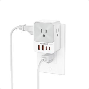 USB C Charger Block 20W PD, TESSAN 4 USB Wall Charger Fast Charging with 3 Outlet Extender Surge Protector, 3 Side Multi Port Adapter, Electric Multiple Outlet Plug for Home Office Dorm Room (Grey)