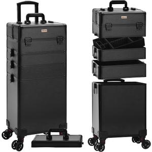 Yaheetech Professional Makeup Train Case 5 in 1 Cosmetology Case on Wheels Aluminum Beauty Travel Case Rolling Cosmetic Organizers & Storage Black