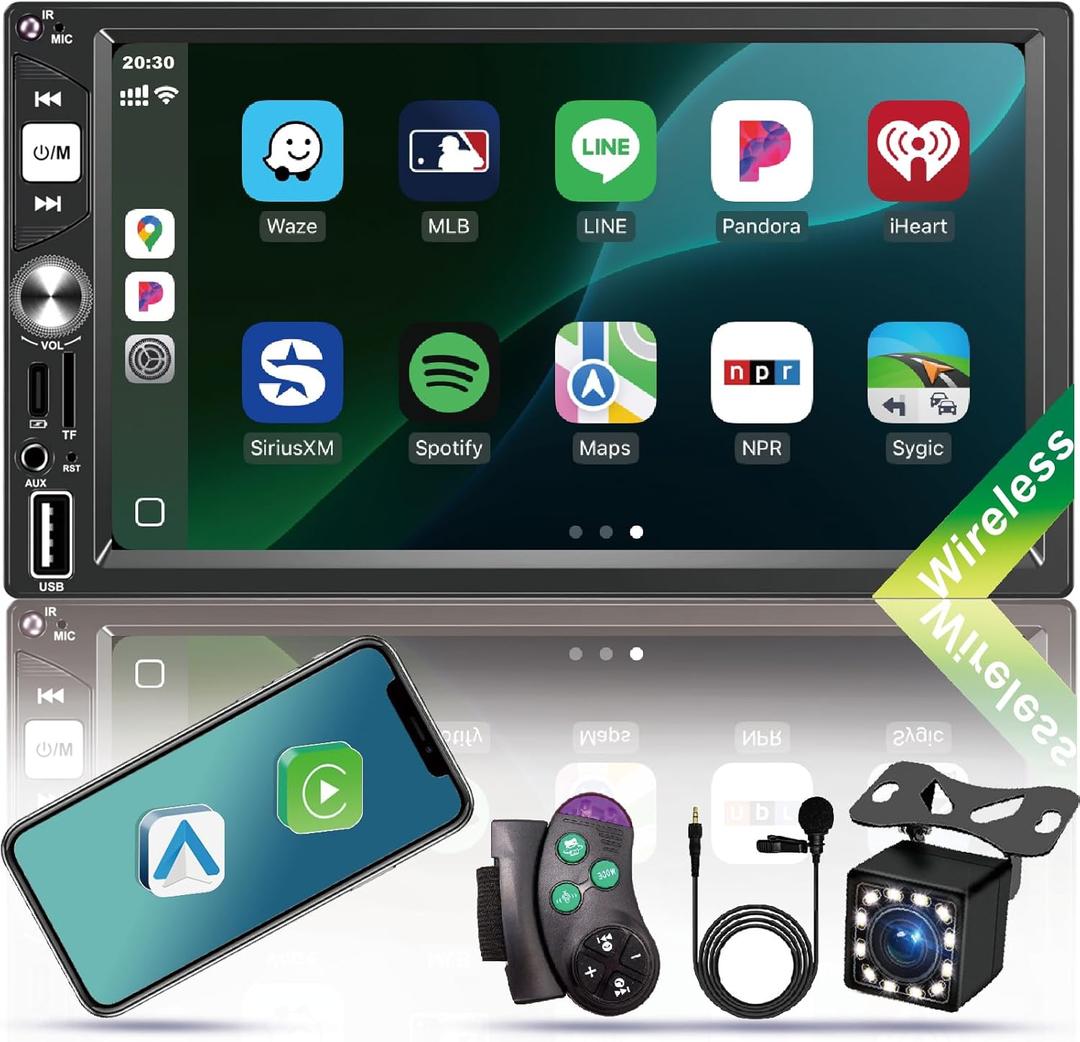 Double Din Car Stereo with Wireless Apple CarPlay & Android Auto,7 Inch IPS Touchscreen, Bluetooth 5.2,FM Radio, Backup Camera, Steering Wheel Control, USB Fast Charging, RCA Outputs, Subwoofer Support