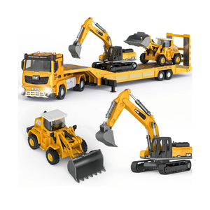 5Kids Toys for 3 4 5 6 7 Years Old Boys, Die-cast Construction Toys Set w/Semi Truck, Excavator, Bulldozer, Alloy Engineering Construction Vehicles Truck Toys w/Lights & Sounds, Model Cars