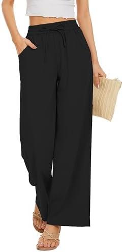 KICZOY Women Flowy Pants Drawstring Waist Wide Leg Palazzo Beach Pants Loose Fit with Pockets, Size M