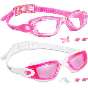 EverSport Kids Swim Goggles, Pack of 2 Swimming Goggles for Children Teens, Anti-Fog Anti-UV Youth Swim Glasses for Age 4-16 (Rosered & Pink)