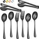 Patelai 8 Pcs Black Stainless Steel Serving Utensils Set 8.7" Large Spoons and Slotted Spoon 9.45" Tong 9" Forks Flatware Wedding Valentine's Day Holiday Party Buffet Banquet Cooking Kitchen Catering