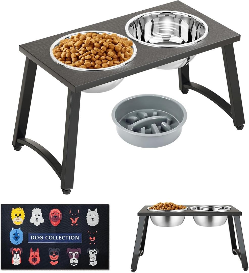 Elevated Dog Bowl with 2 Stainless Steel Bowls for Large Dogs, Raised Dog Bowl Stand for Pet Food and Water, 1700ML Capacity, 11.2" Tall (Coffee-Slow Bowls & Mat)